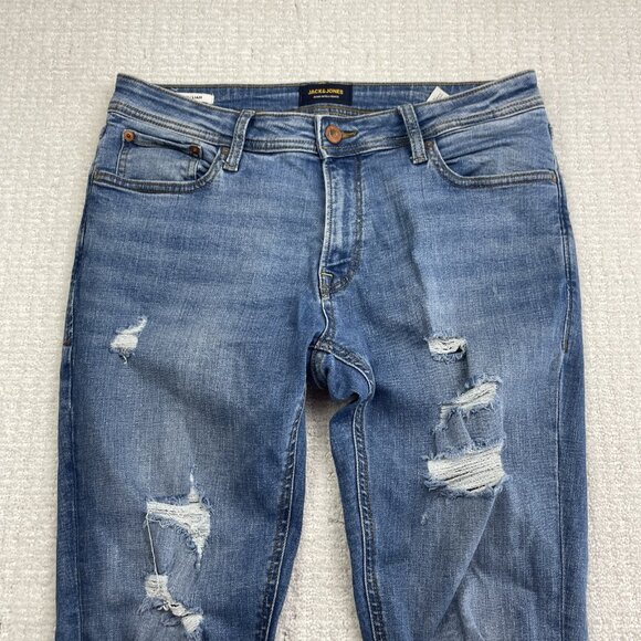 JACK & JONES Mens Liam Distressed Skinny Jeans W34 L32 Blue Cotton Punk Raw - Picture 2 of 9